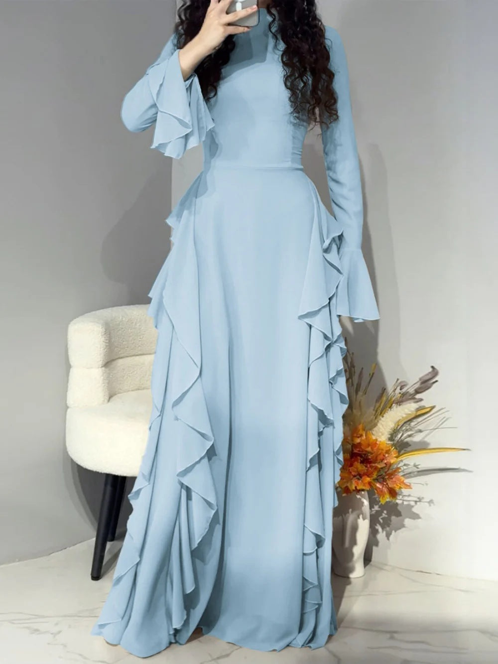 VVZ Solid-Color Waist-Cinching Maxi Dress with Flared Sleeves