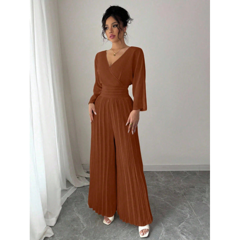 VVZ Women's Elegant V Neck Batwing Sleeve Pleated Wide Leg Pants