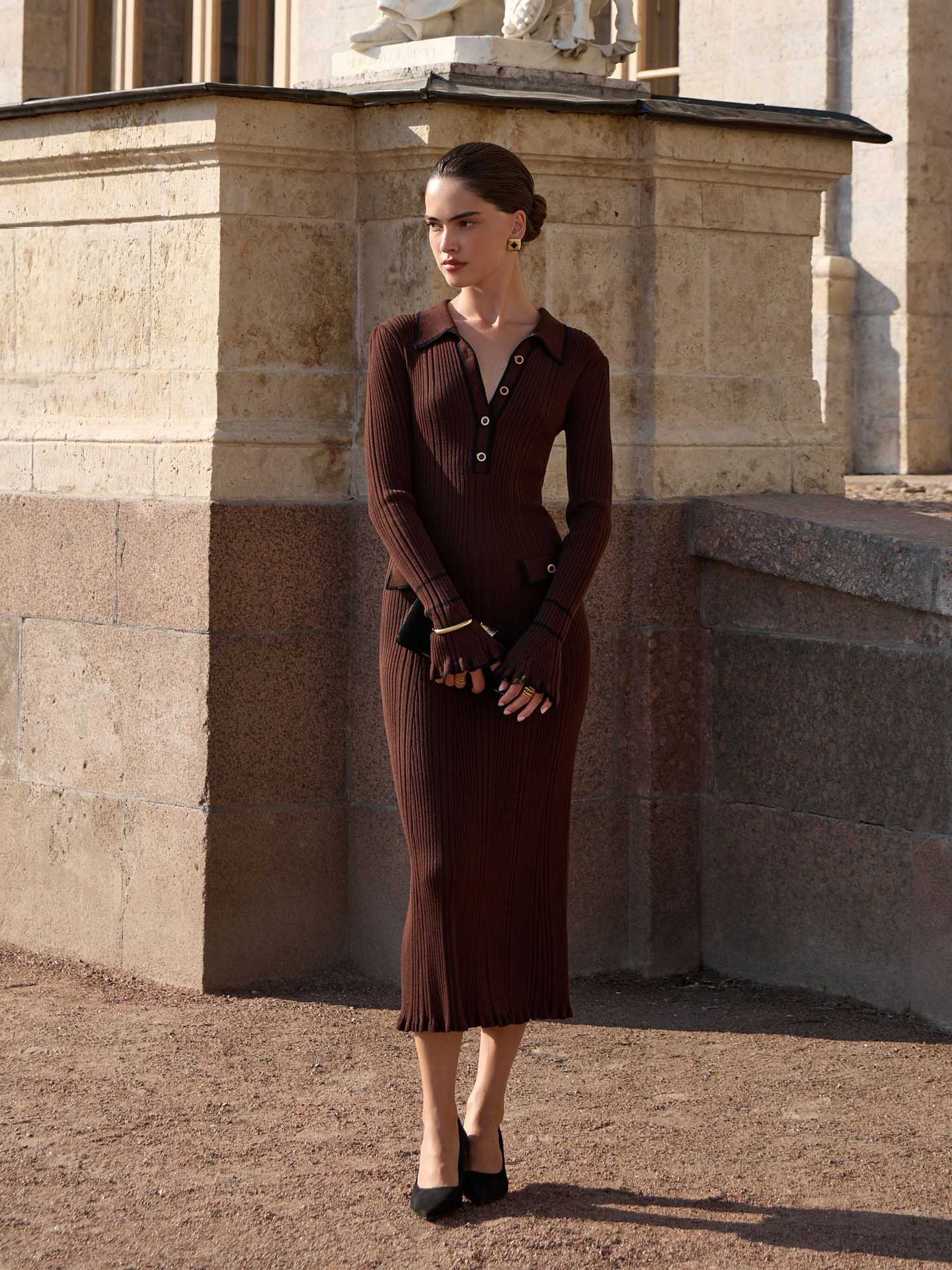 VVZ Contrast Trim Buttoned Ribbed Sweater Dress