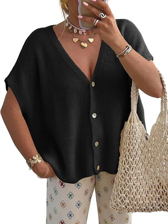 VVZ Lightweight, Short-Sleeve Batwing Knit Top with Button-Front V-Neck