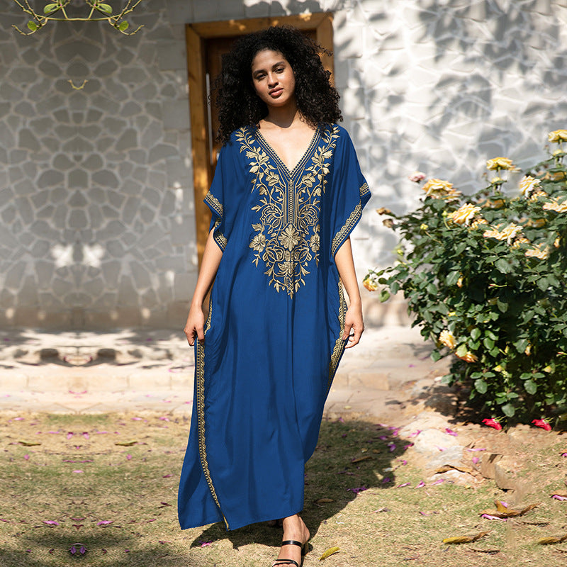 VVZ Elegant Summer V-Neck Half-Sleeve Maxi Dress
