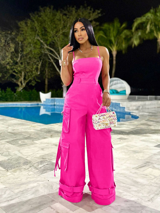 VVZ Women's Solid-Color Wide-Leg Cargo Jumpsuit