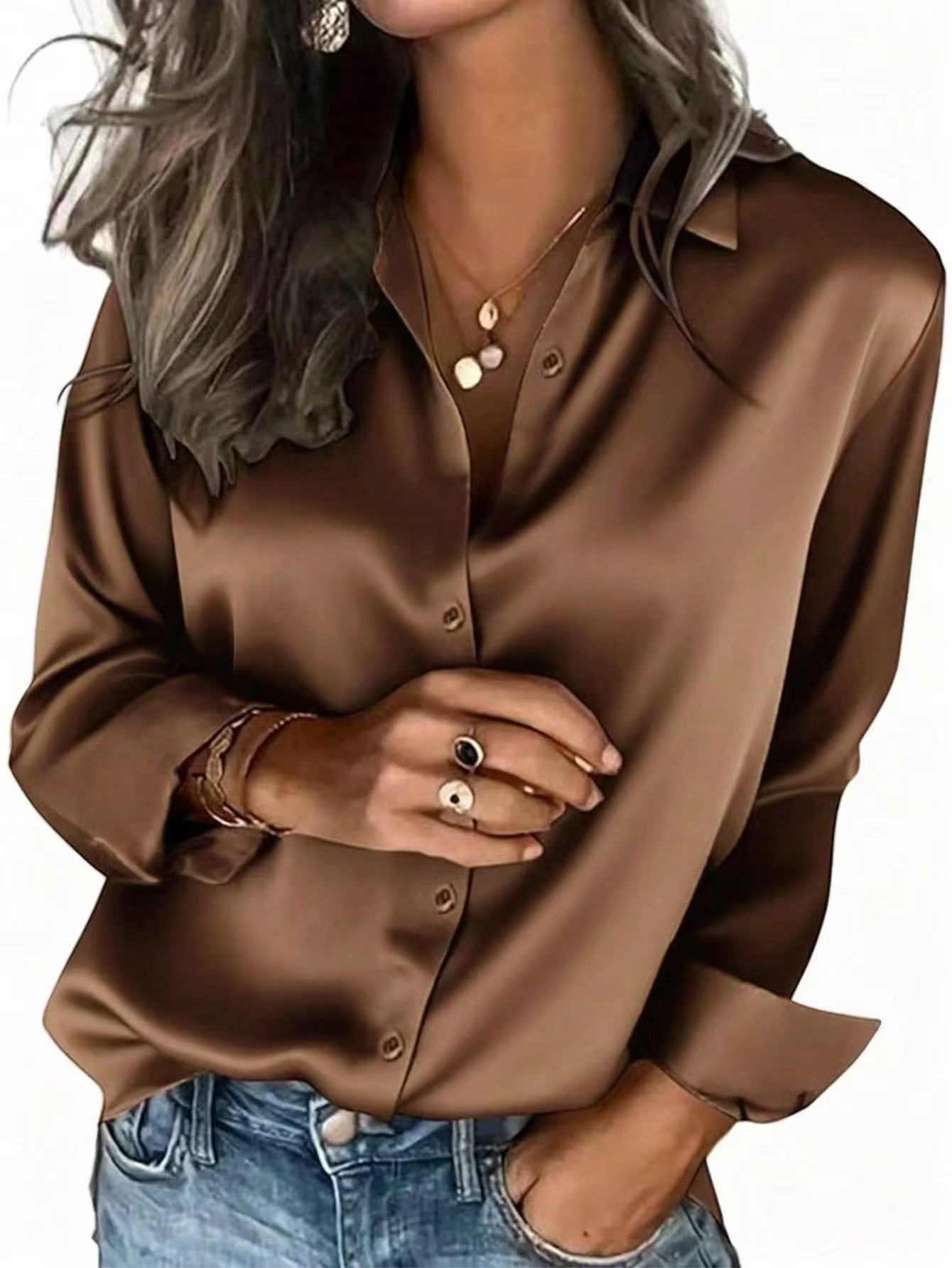 VVZ Women's solid color satin button-down long-sleeved casual shirt