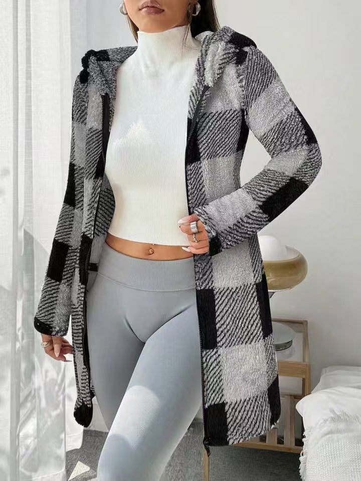 VVZ Women's Plaid Fleece Long Sleeve Hooded Coat, Mid-Weight Longline Outerwear