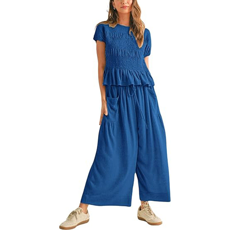 VVZ Women’s 2-Piece Smocked Top & Wide-Leg Pants Set