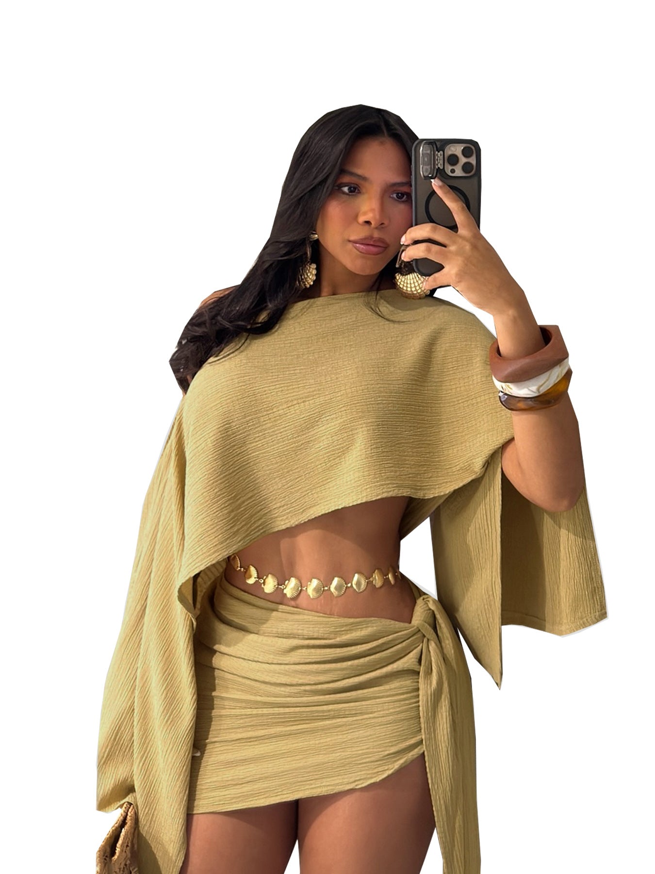 VVZ Women's Stylish Asymmetrical-Collar Top and Slim-Fit Skirt Set