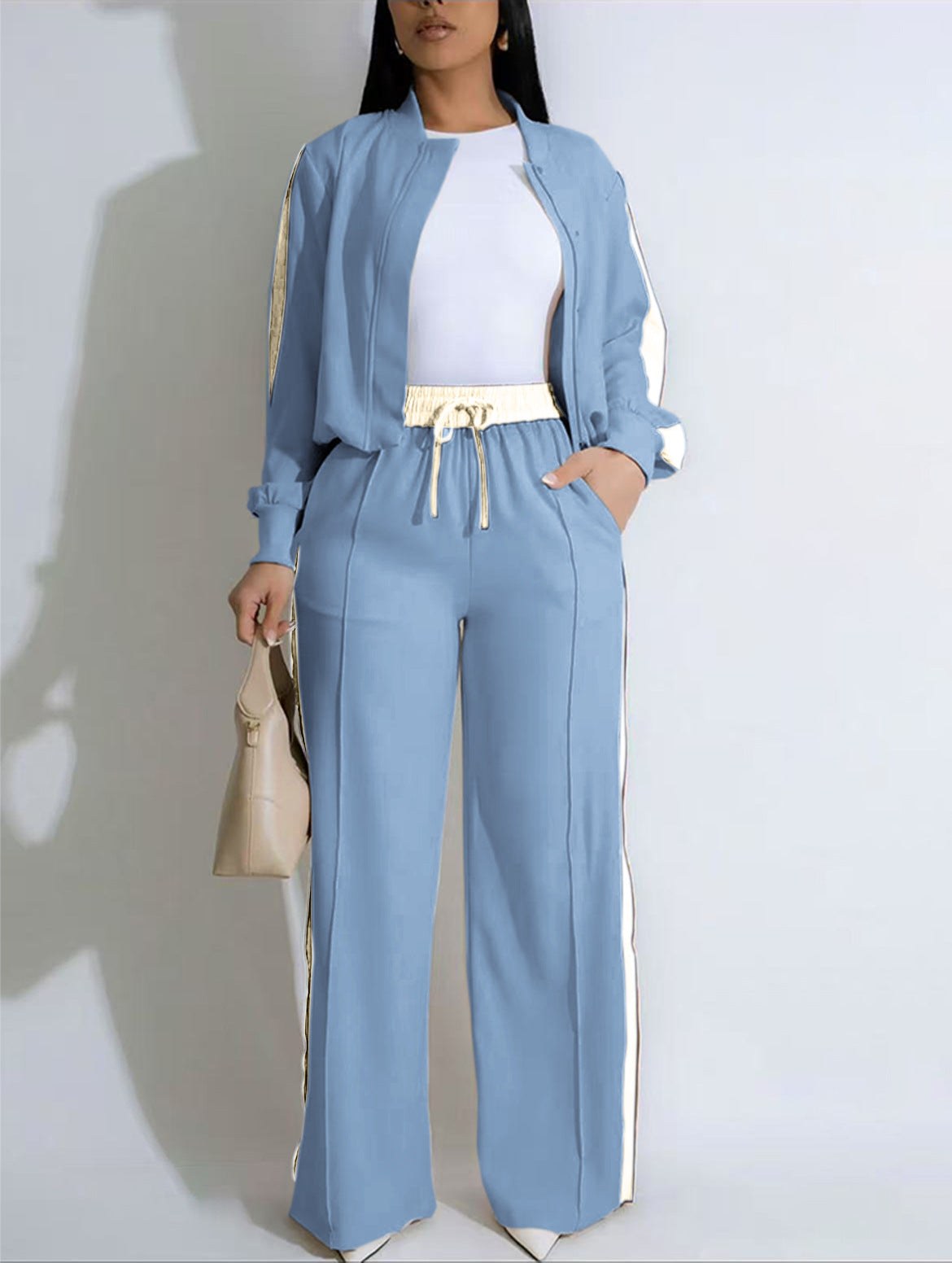 VVZ Two-piece Set Women's Patchwork Top & Wide Leg Pants Set