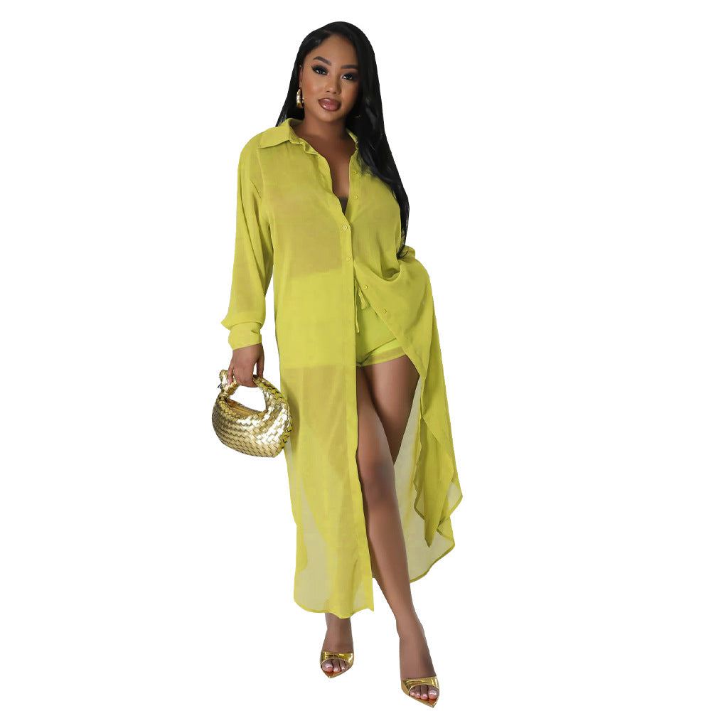 VVZ Women's Solid Color Button Front Shirt & Shorts Two-Piece Set