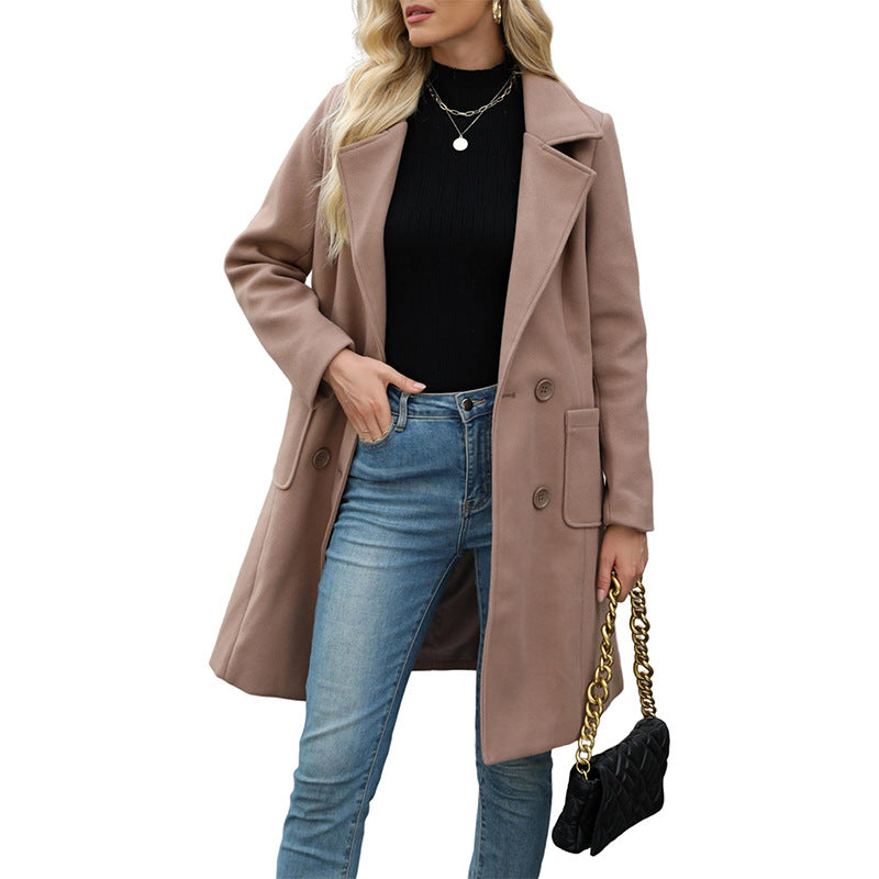VVZ Women Winter  Camel Mid-Long Coat Notch Double-Breasted Lapel Jacket Outwear
