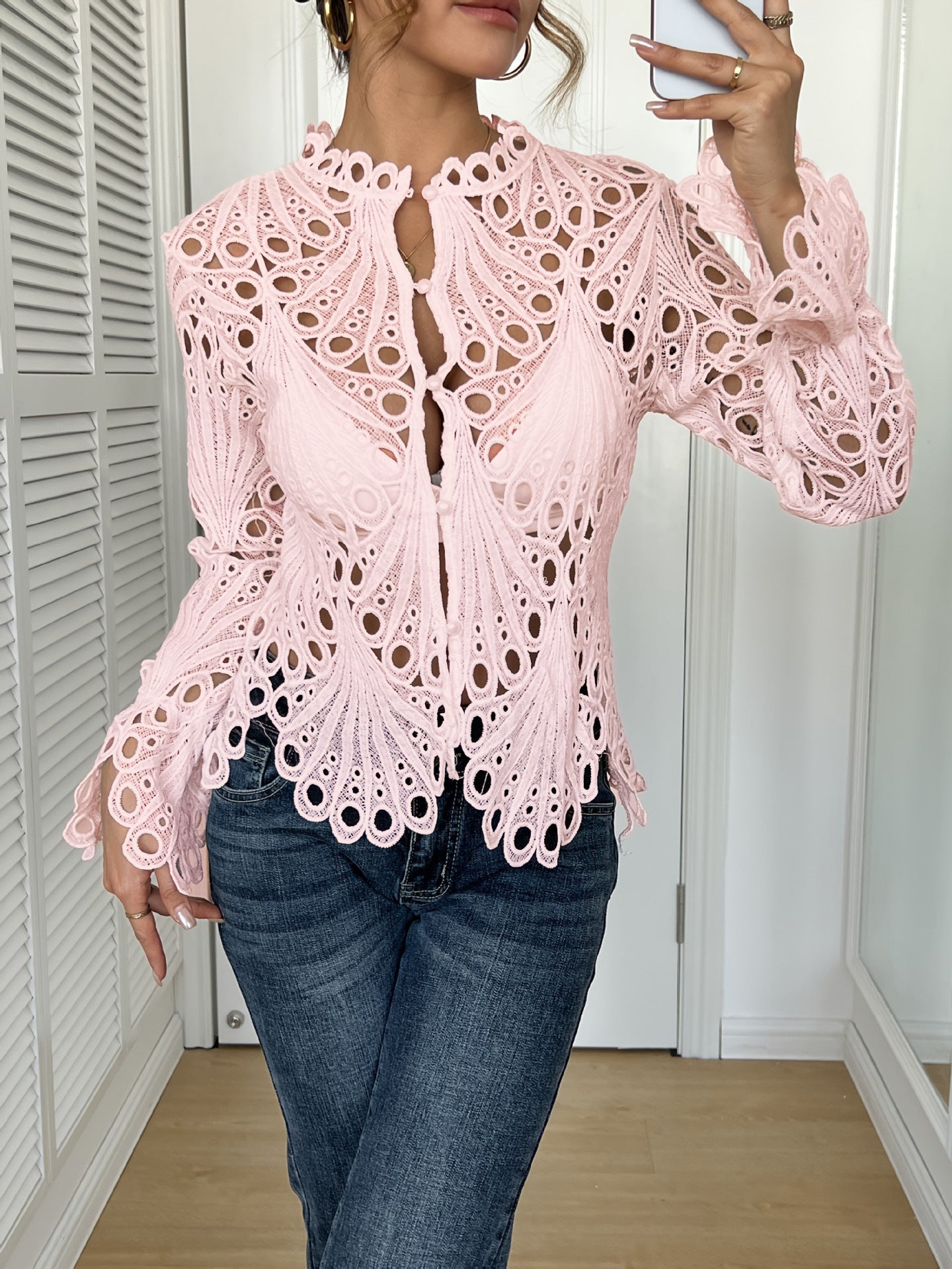 VVZ Women's Solid-Color Button-Down Shirt with Cutout Ruffle Sleeves