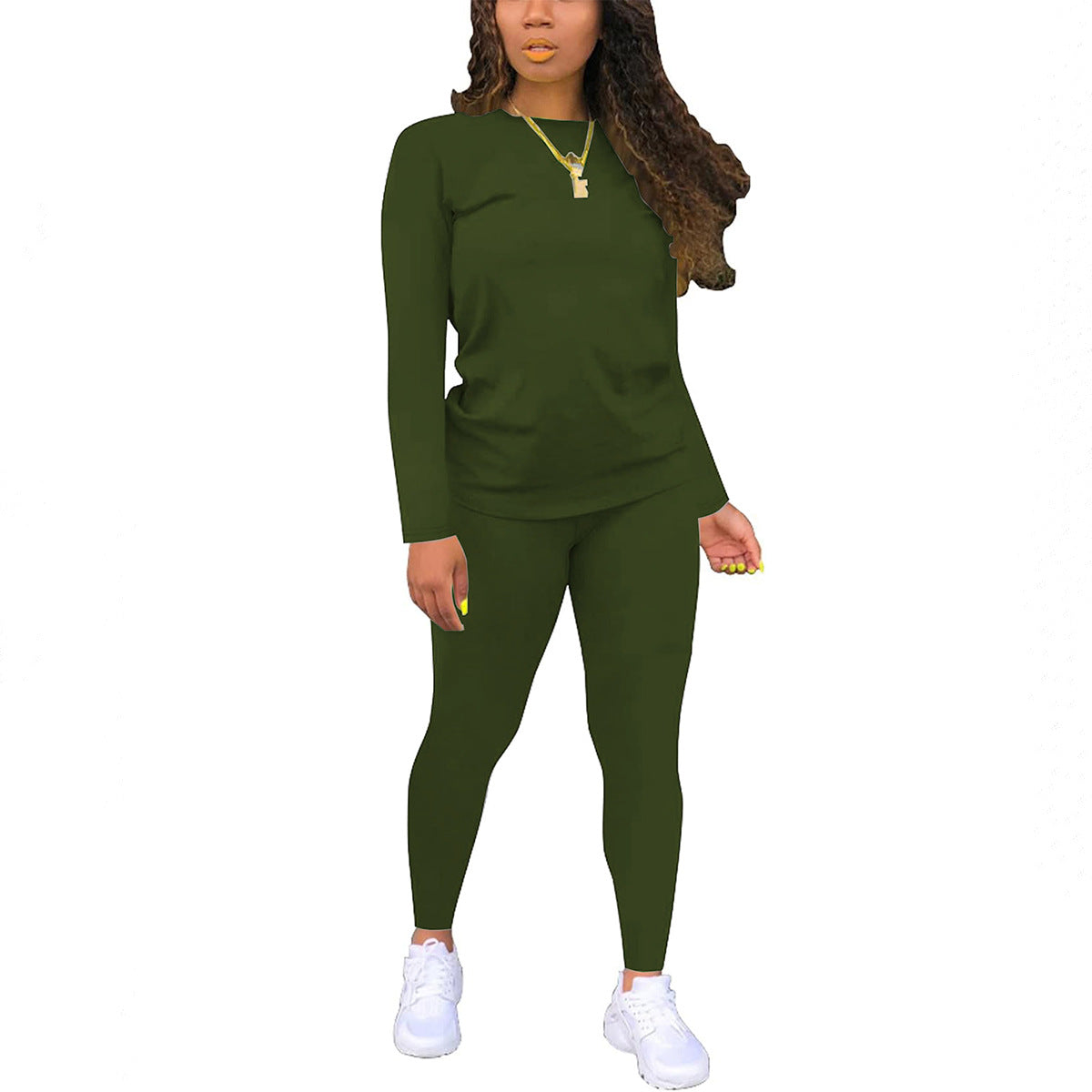 VVZ Women's Solid Long Sleeve Tee & Elastic Waist Pants Set