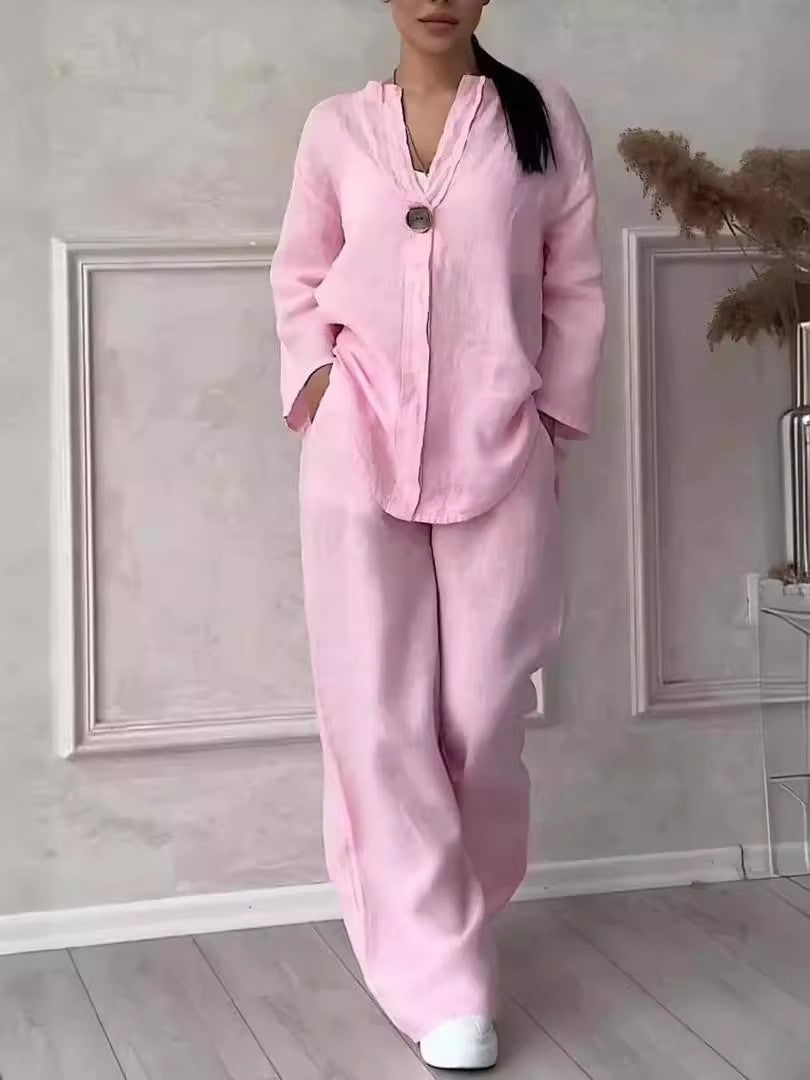 VVZ Plus-Size Women's Two-Piece Set: Casual, Breathable Long-Sleeve Shirt & Loose-Fit Trousers