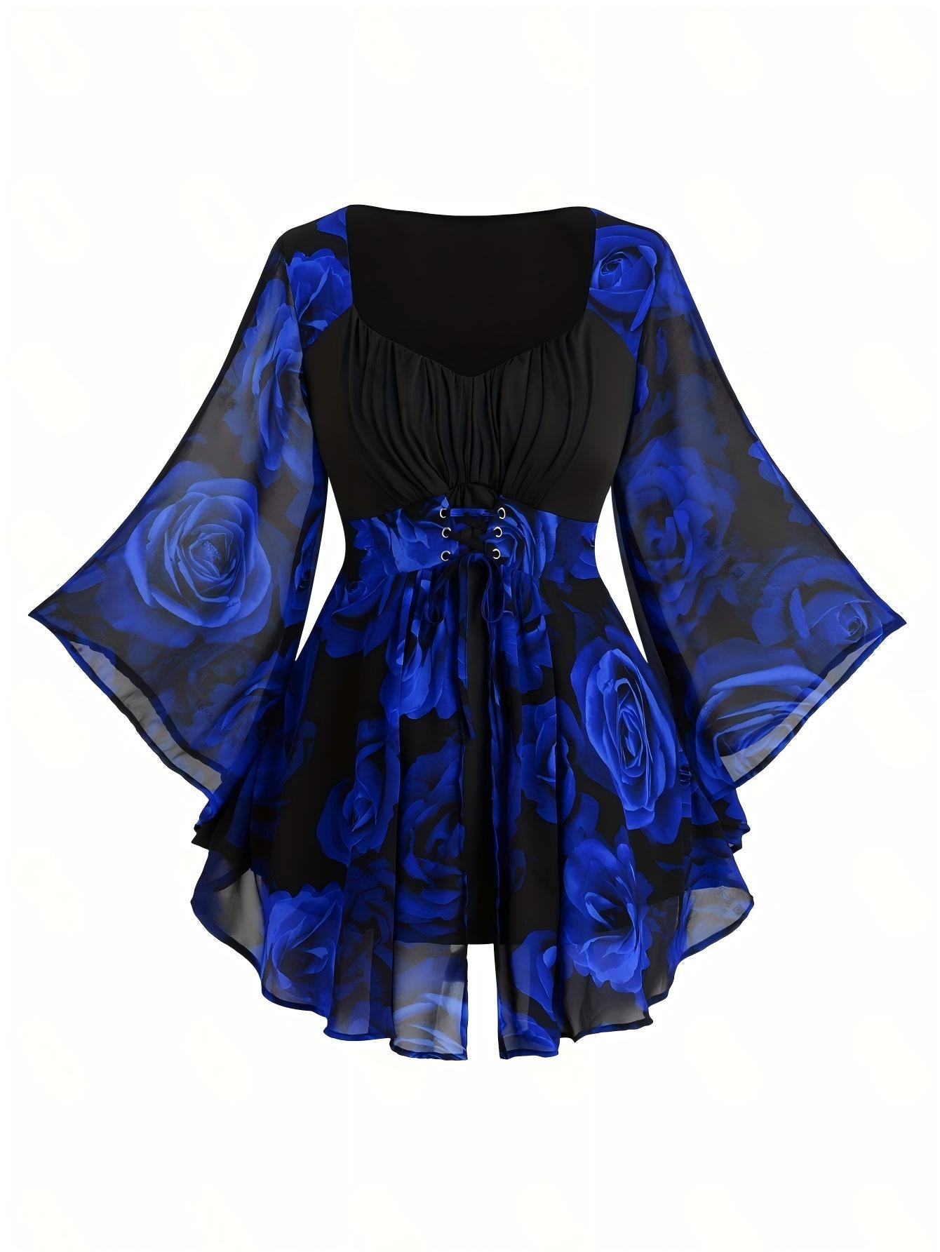 VVZ Rose-print asymmetrical ruffled lace-up tulle top