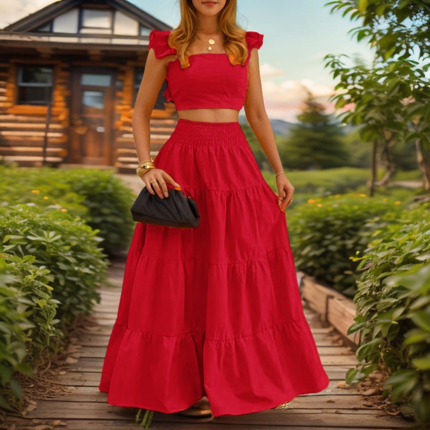 VVZ Women's Solid-Color Top and Long Skirt Two-Piece Set