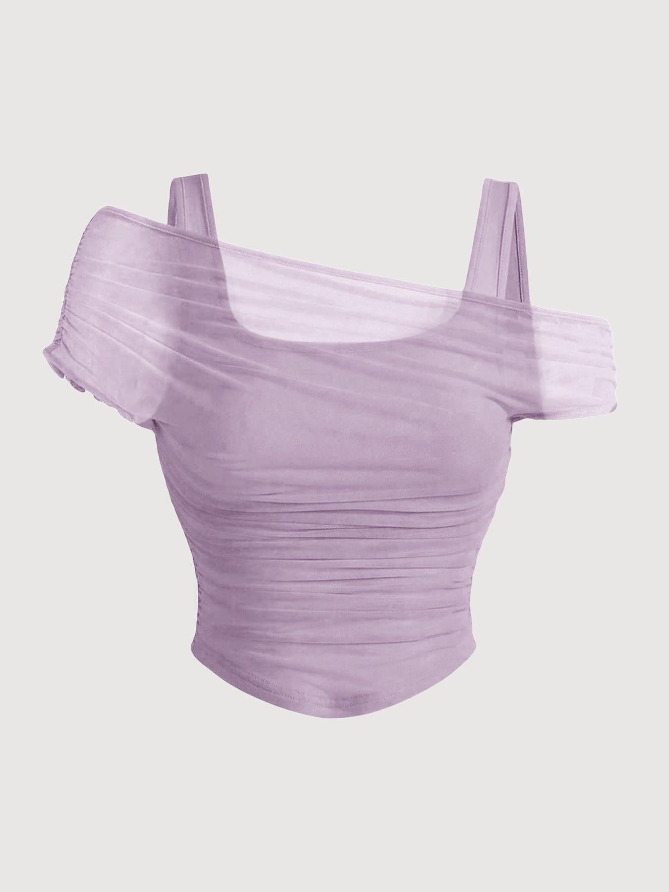 VVZ Women's Asymmetrical Neckline Ruched Cropped Top