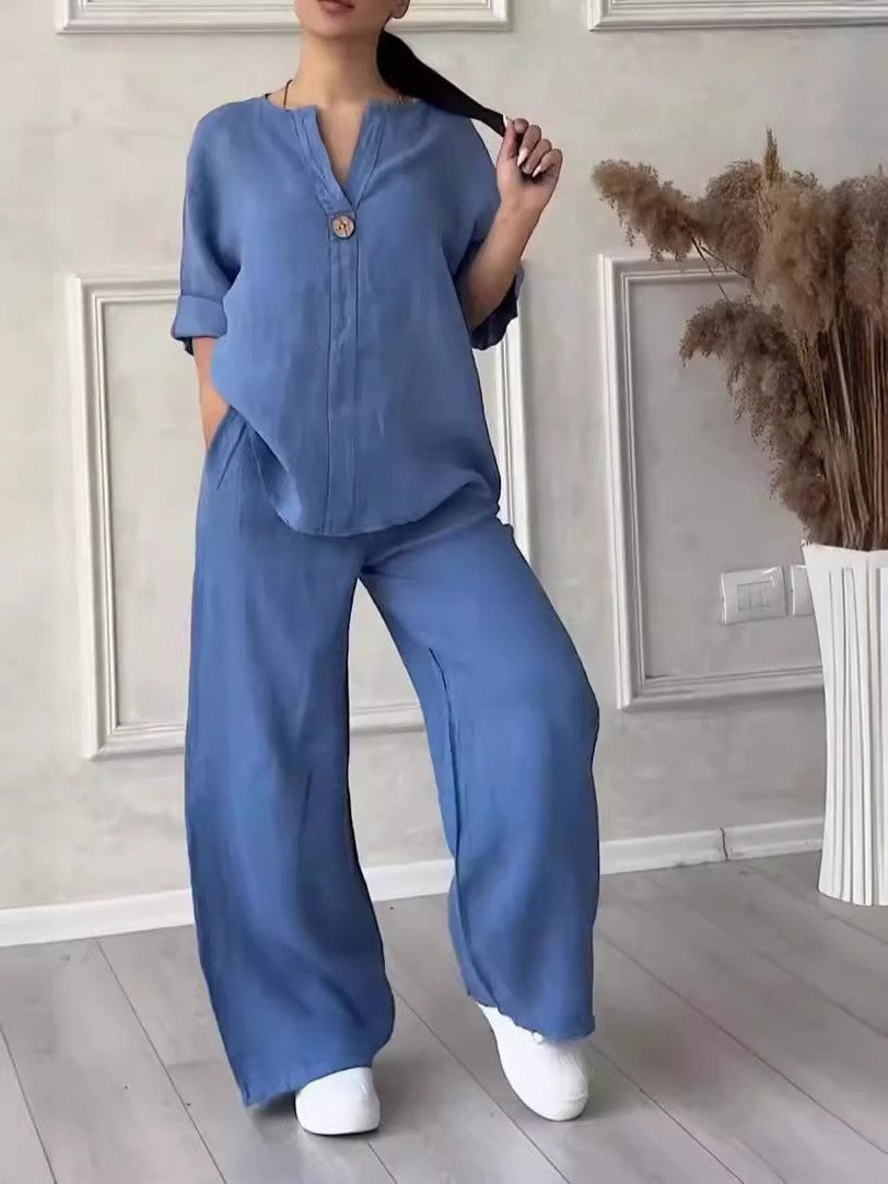 VVZ Plus-Size Women's Two-Piece Set: Casual, Breathable Long-Sleeve Shirt & Loose-Fit Trousers