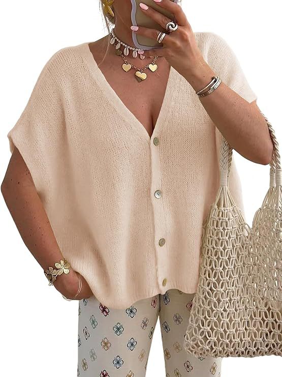 VVZ Lightweight, Short-Sleeve Batwing Knit Top with Button-Front V-Neck