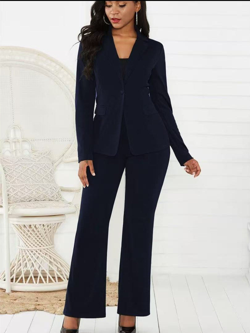 VVZ Women's Two-Piece Set Plain Button Lapel Blazer & Suit Pants