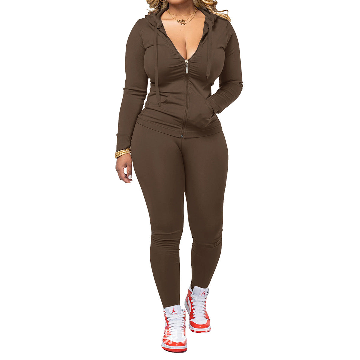 VVZ Women Casual Zip Up Hoodie & Fitness Yoga Jogger Set