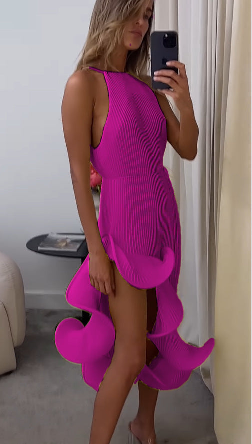 VVZ Irregular Ruffle, Sleeveless, Tie-Waist, Slim-Fit Dress