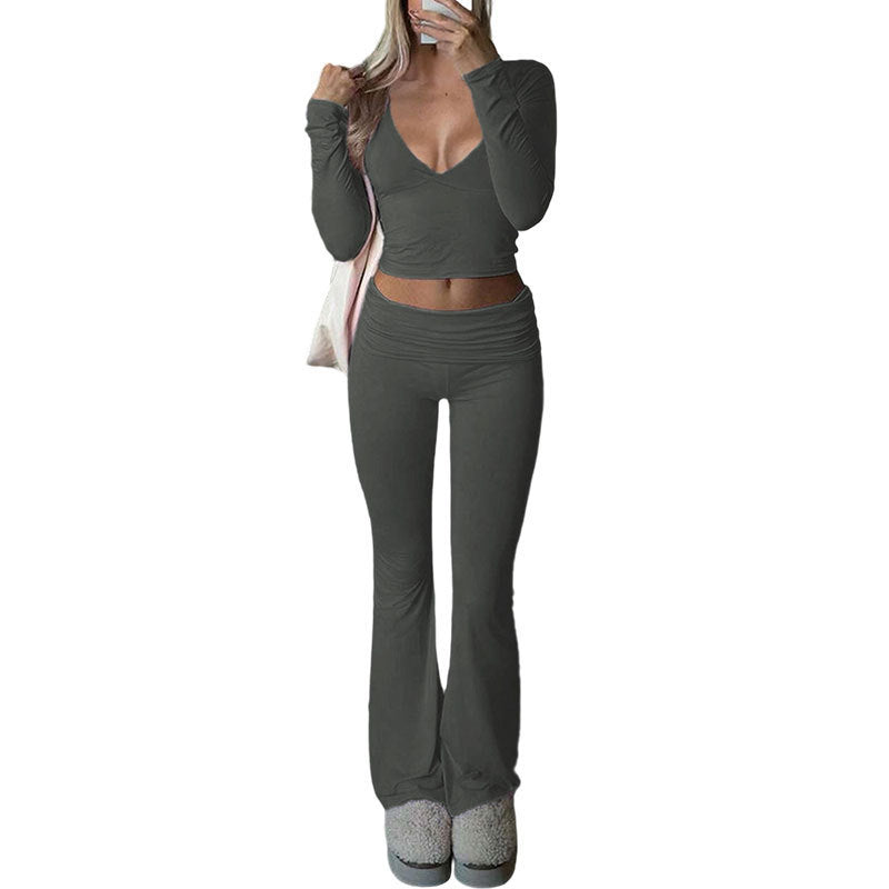 VVZ Slim-Fit Crop Top & Pants Two-Piece Set, Solid Color V-Neck Long Sleeve