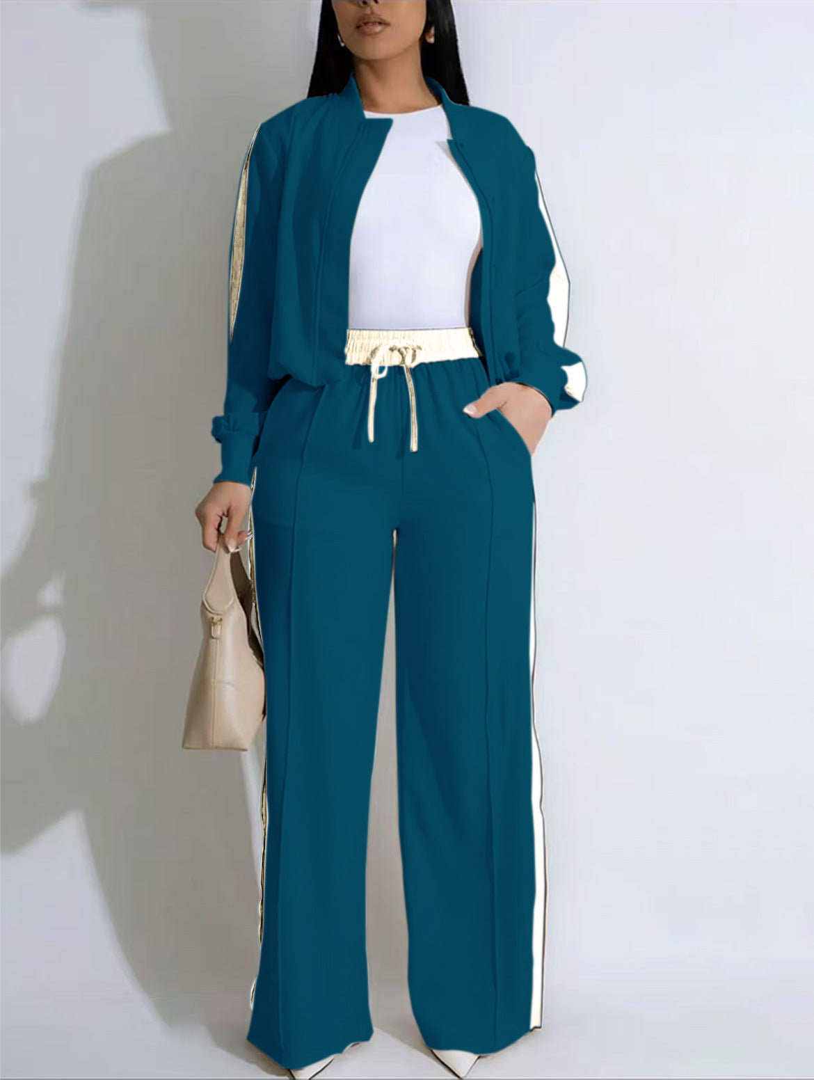 VVZ Two-piece Set Women's Patchwork Top & Wide Leg Pants Set