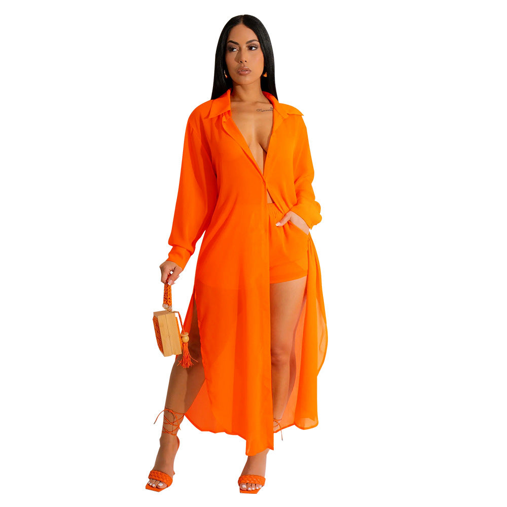VVZ Women's Solid Color Button Front Shirt & Shorts Two-Piece Set