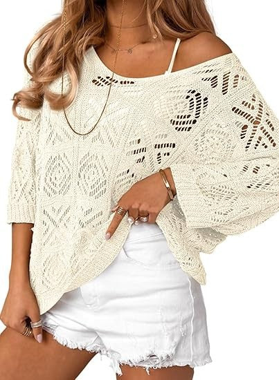 VVZ Spring/Summer Openwork Crocheted Pullover Sweater with Three-Quarter Sleeves