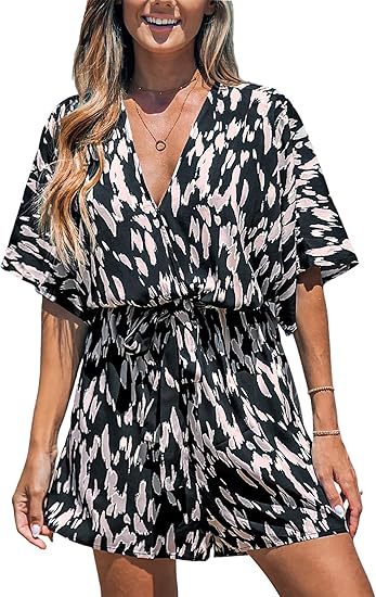 VVZ Women's All-Over Print V-Neck Wide-Leg Romper with Tie Waist