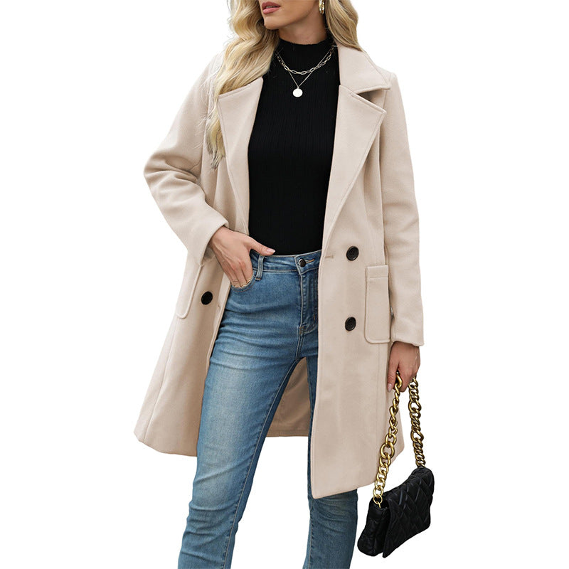 VVZ Women Winter  Camel Mid-Long Coat Notch Double-Breasted Lapel Jacket Outwear