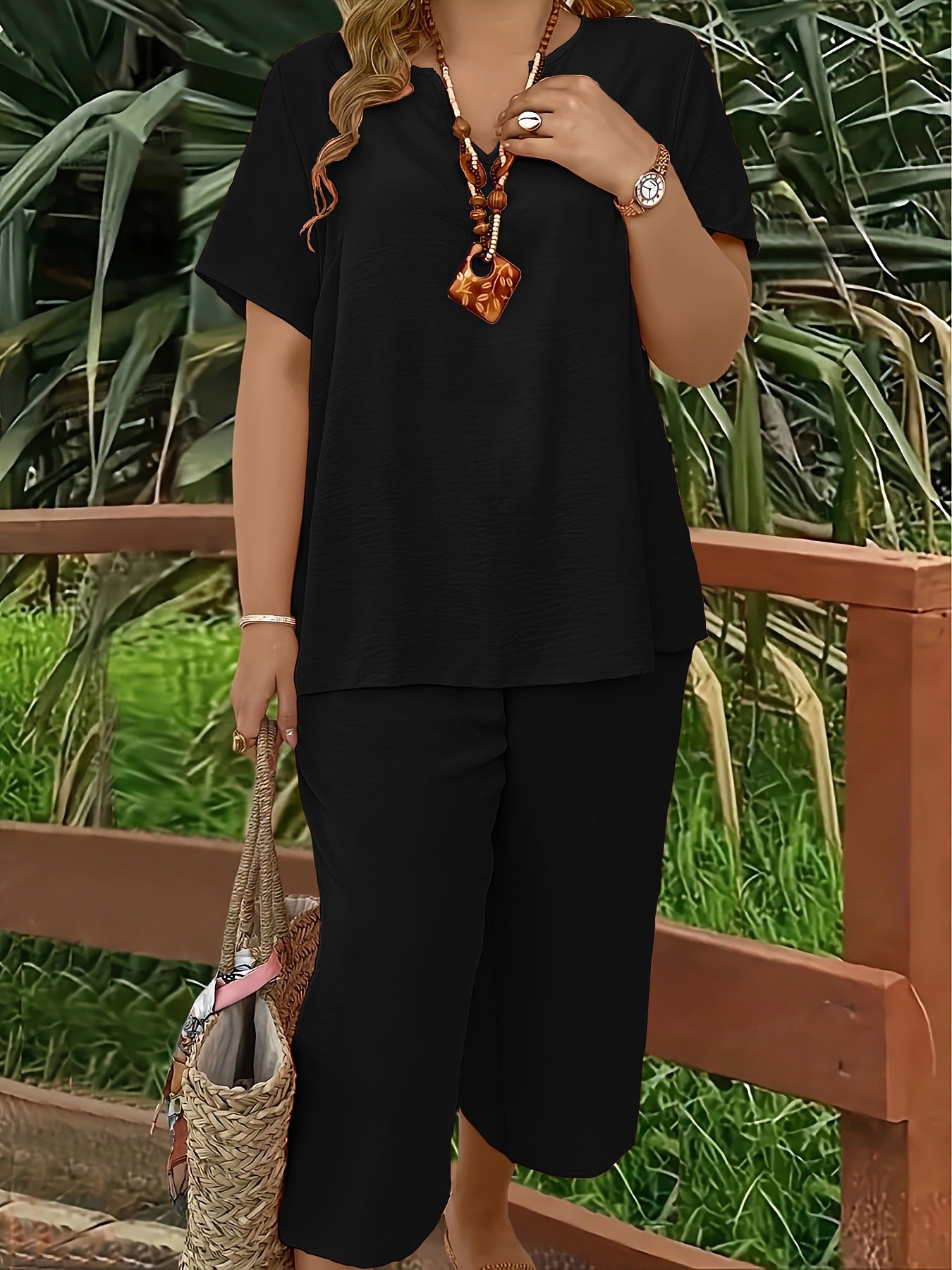 VVZ Elegant Plus-Size Women's Set: Solid-Color Short-Sleeve Fashion Top & Casual Wide-Leg Pants
