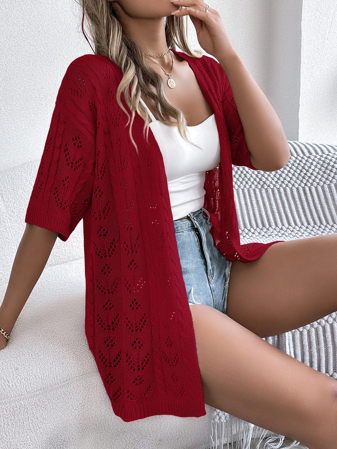 VVZ Women's Solid-Color Open-Knit Sheer V-Neck Drop-Shoulder Slim-Fit Cardigan