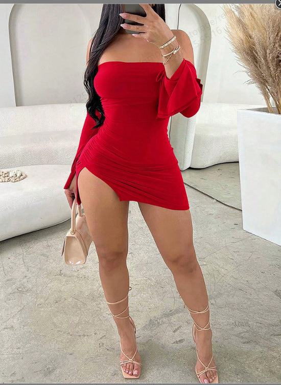 VVZ Women's Solid-Color Off-Shoulder Slim-Fit Dress with Slit Hem