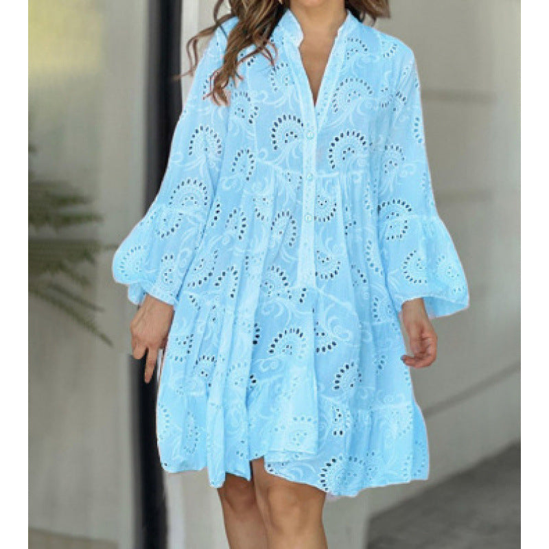 VVZ Plain Eyelet Embroidery Notched Neck Long Sleeve Smock Dress