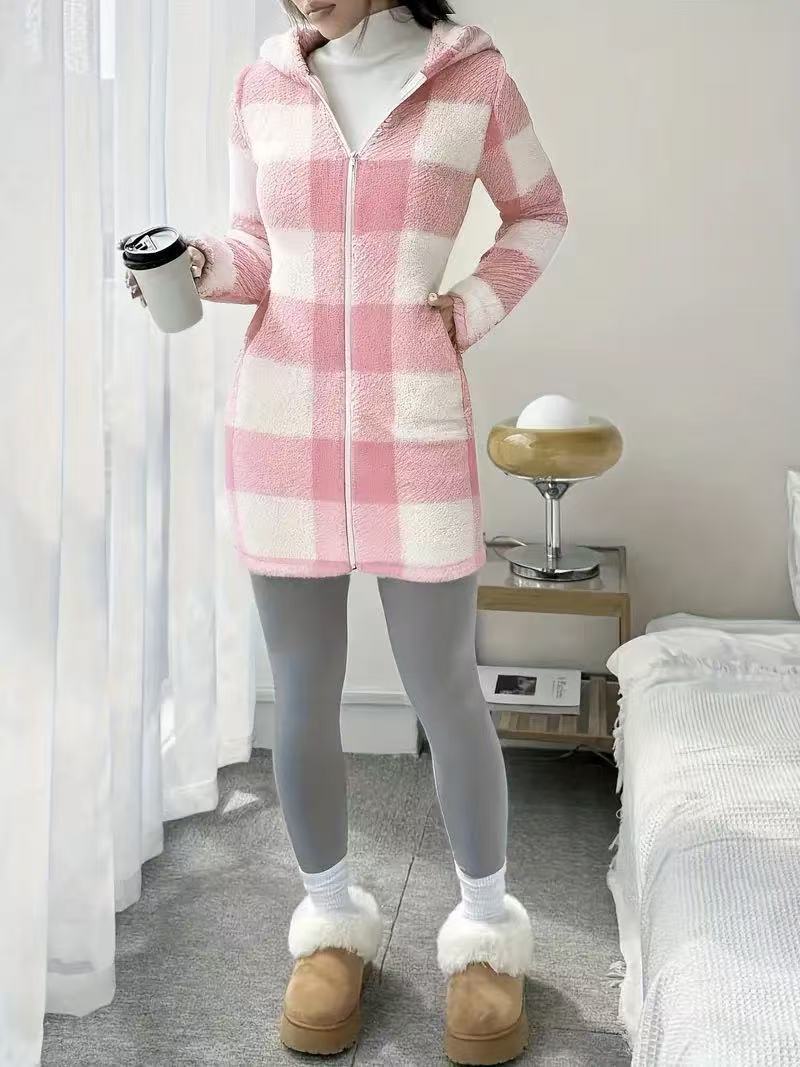 VVZ Women's Plaid Fleece Long Sleeve Hooded Coat, Mid-Weight Longline Outerwear