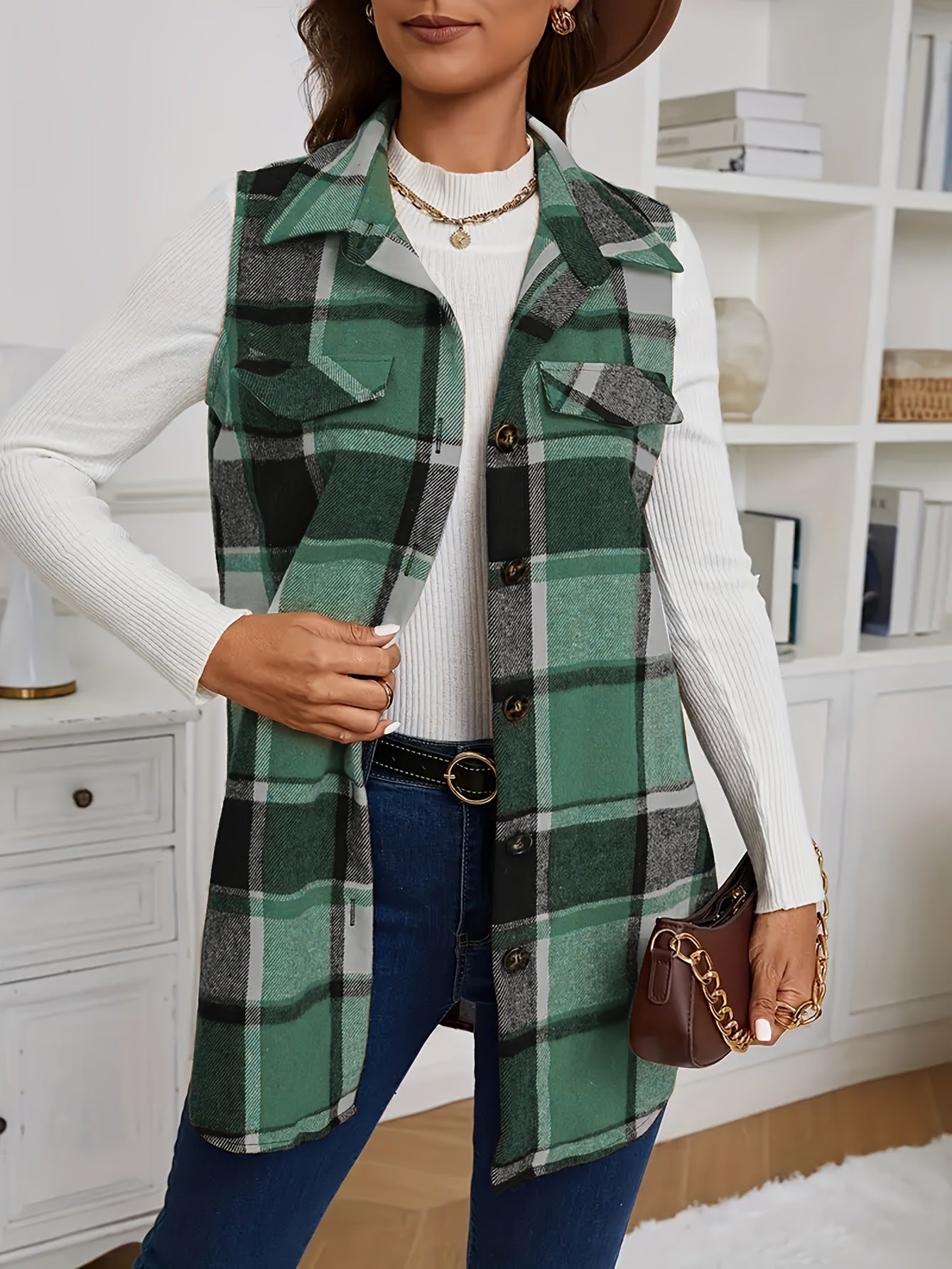 VVZ Women's Plaid-Print Button-Front Vest Coat