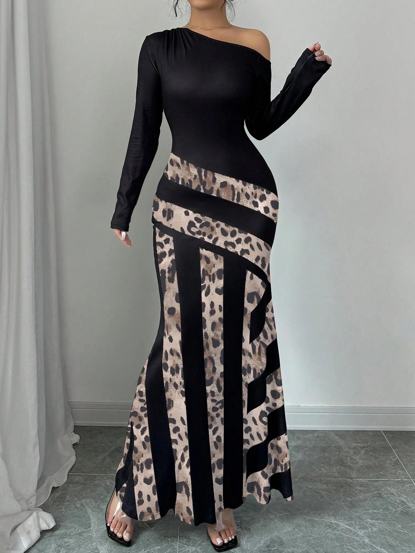 VVZ Women's Colorblock Striped Print Asymmetrical Neck Mermaid Dress
