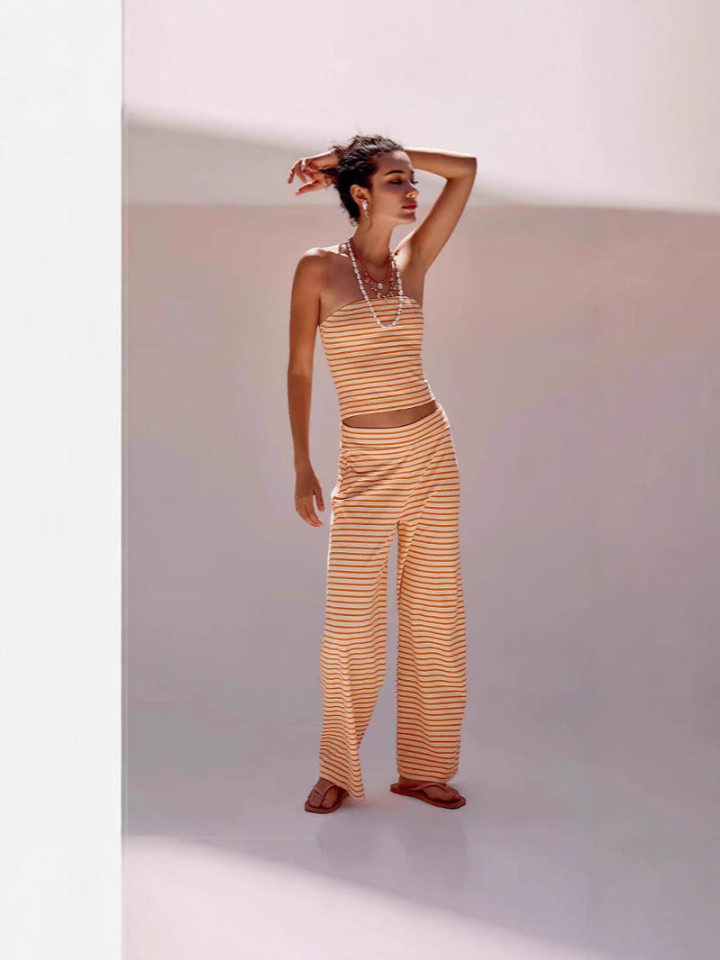 VVZ Women's Striped Print Crop Tube Top & Wide Leg Pants Set