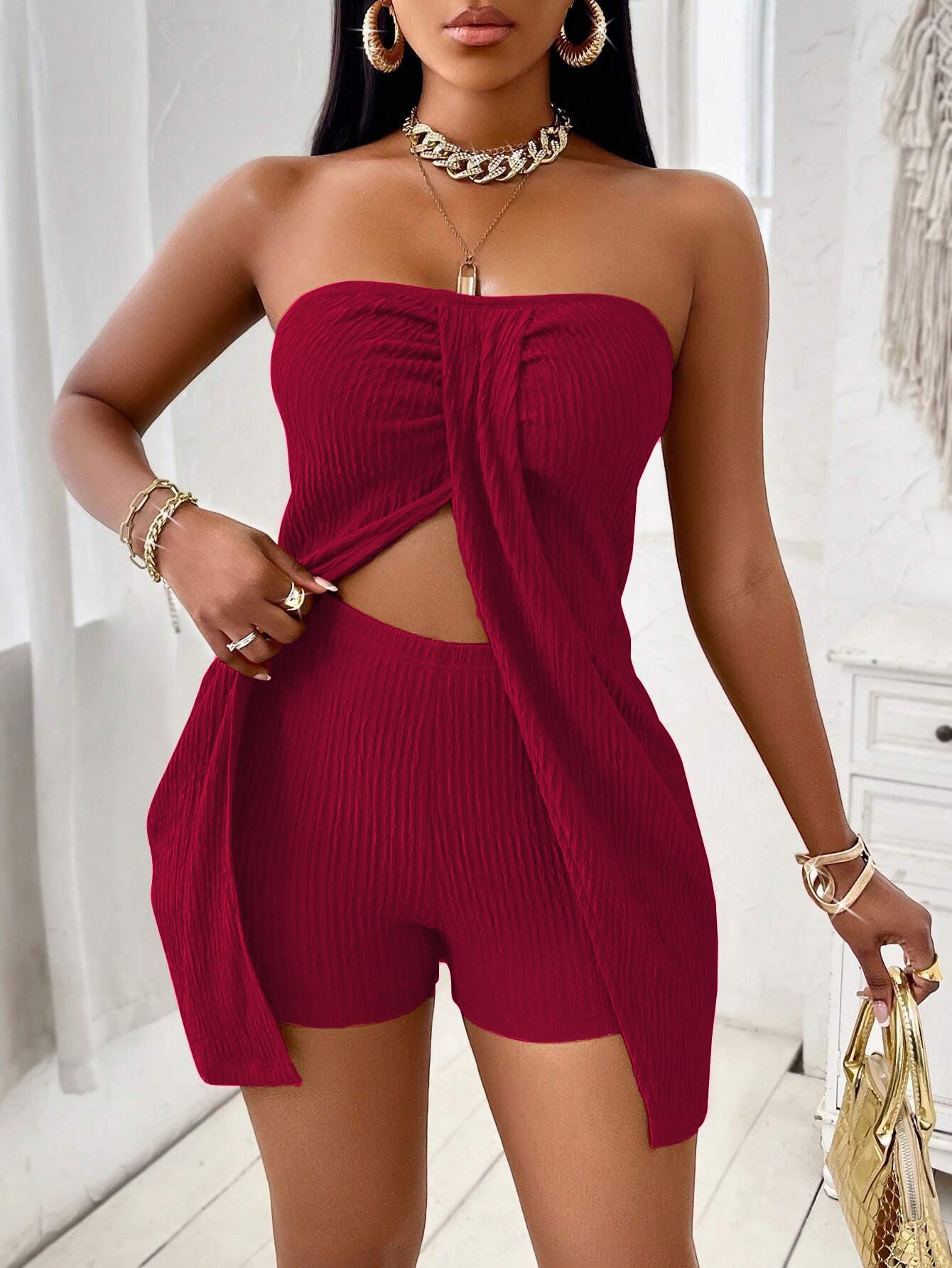 VVZ Women's Summer Plain Textured Fabric Twist Front Split Sleeveless Top Short Pants Set
