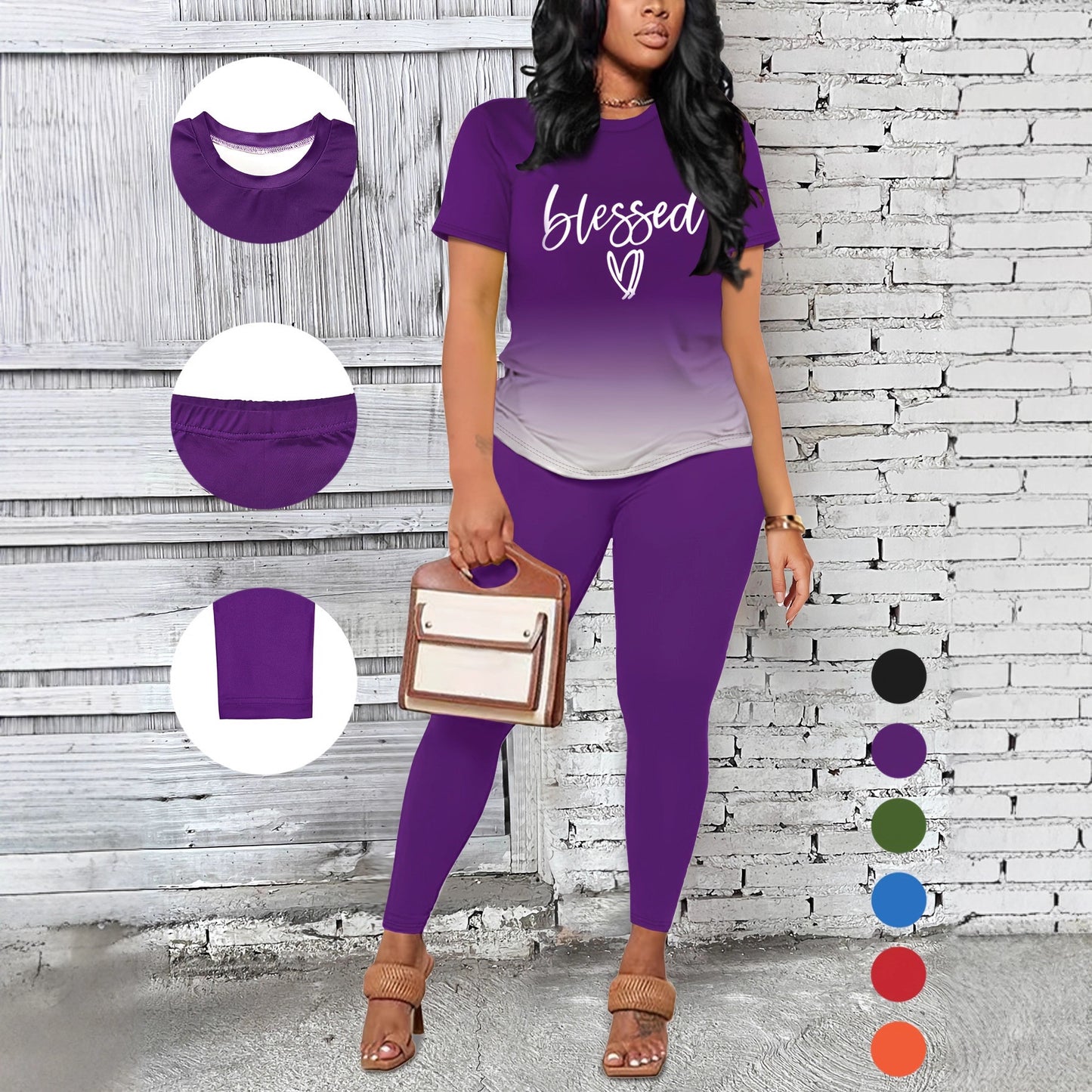 VVZ Women's Gradient Print T-Shirt and Slim-Fit Leggings Two-Piece Se