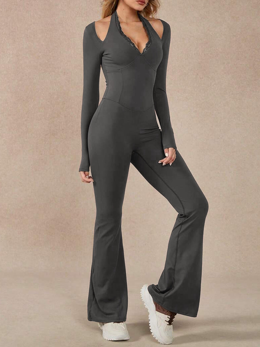 VVZ Women's Long-Sleeve Lace-Trim Halter Jumpsuit