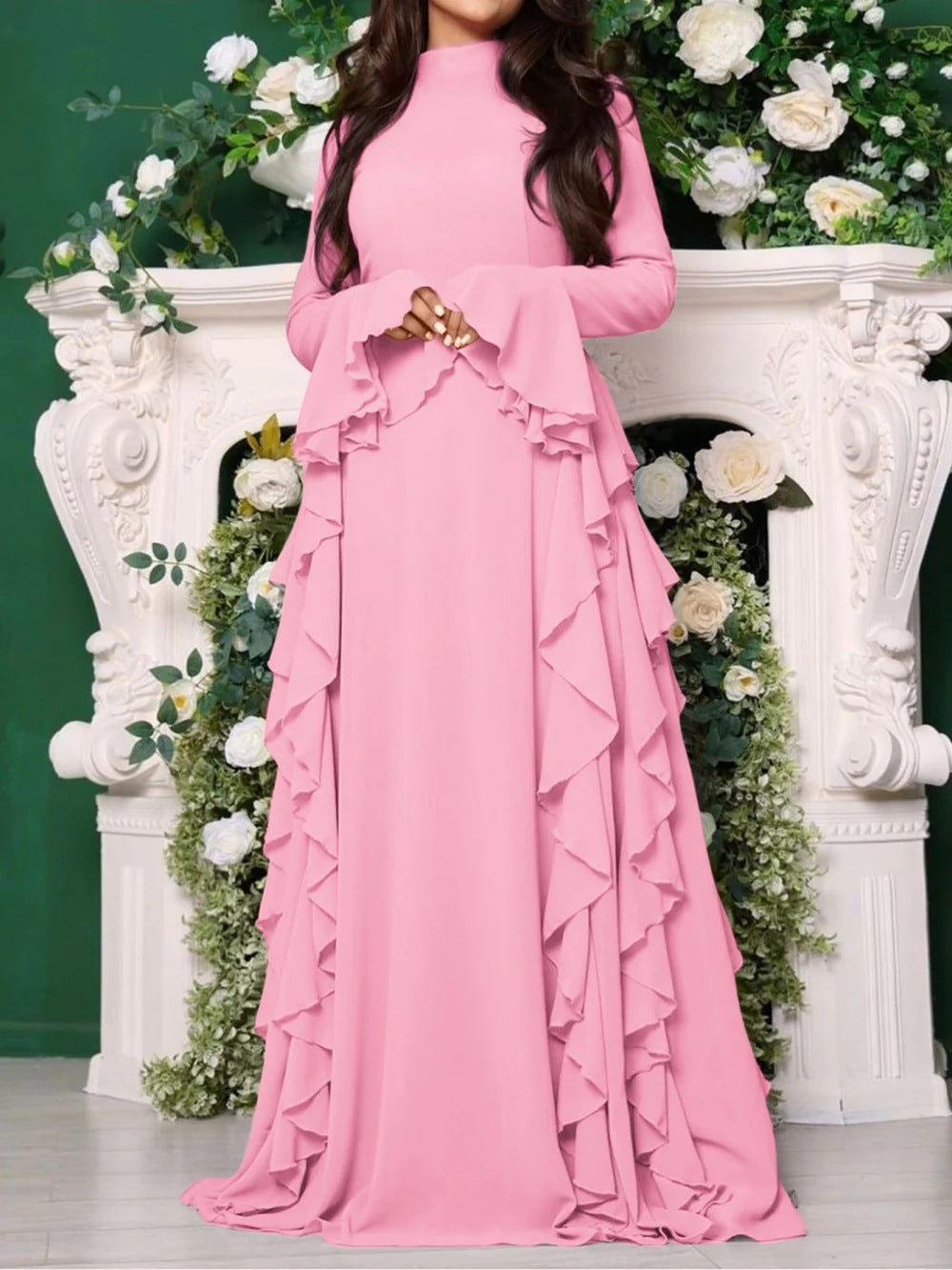 VVZ Solid-Color Waist-Cinching Maxi Dress with Flared Sleeves