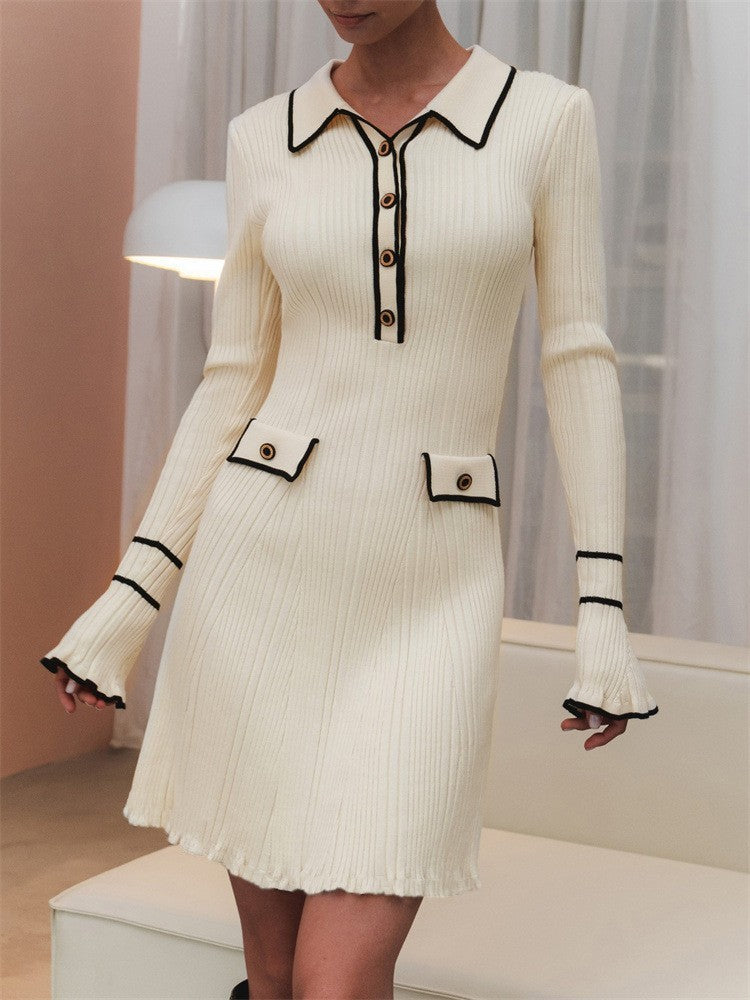 VVZ Contrast Trim Buttoned Ribbed Sweater Dress
