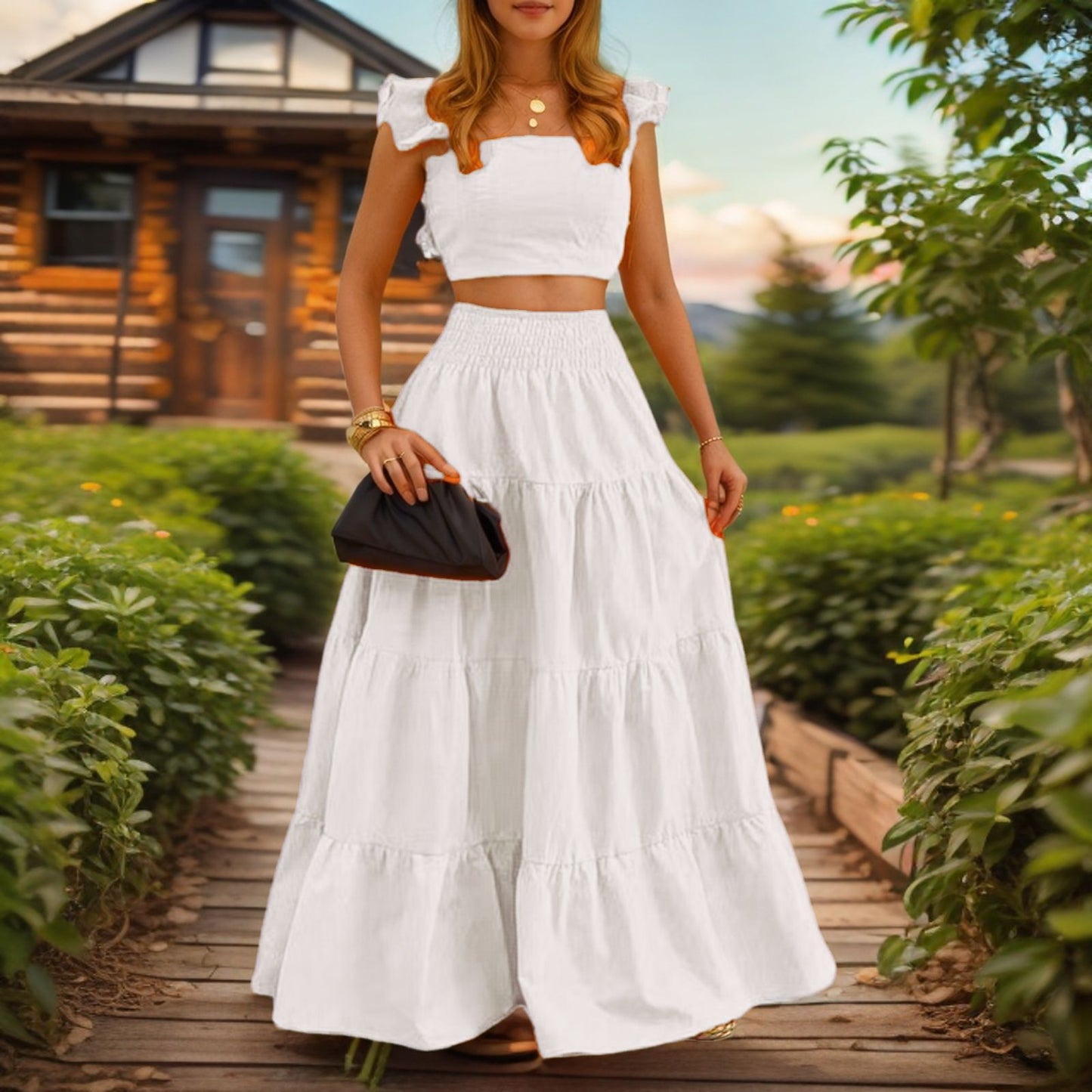 VVZ Women's Solid-Color Top and Long Skirt Two-Piece Set