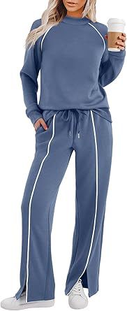 VVZ Women's Fashion New Round Neck Solid Color Patch Long Sleeve Top & Pants Set