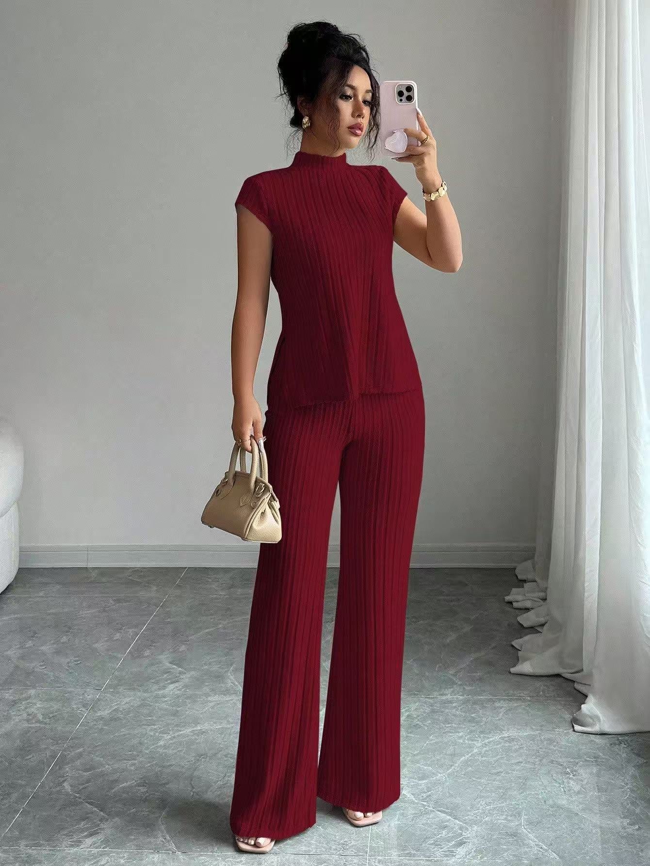 VVZ Soft Ribbed Knit Short Sleeve Top & Flare Trousers