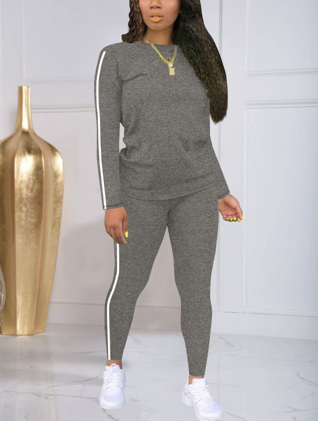 VVZ Women's Striped Print Long Sleeve Top & Pants Two-piece Set