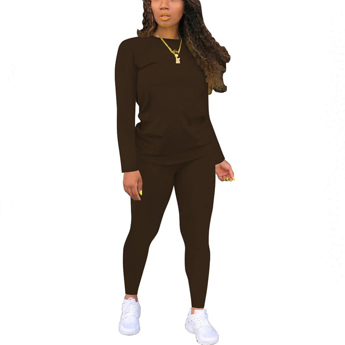 VVZ Women's Solid Long Sleeve Tee & Elastic Waist Pants Set