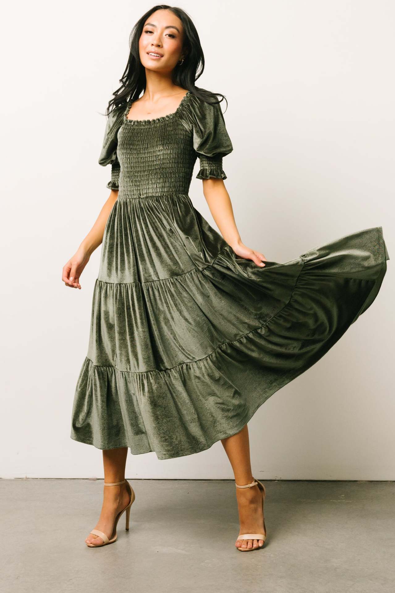 VVZ Square Neck Bubble Sleeve A-Line Midi Dress