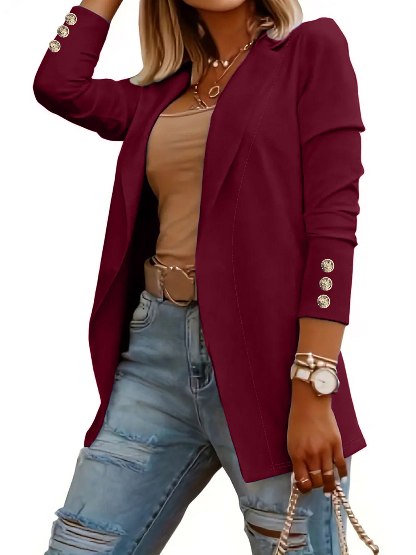 VVZ Women's Solid Button Lapel Neck Open Front Fitted Blazer